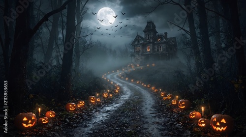 Spooky Halloween pumpkin trail in foggy forest. Mysterious autumn night path with glowing jack-o-lanterns leading to eerie haunted house.