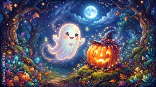 Cute ghost floating by a jack-o-lantern. Spooky Halloween forest scene with magic lights.