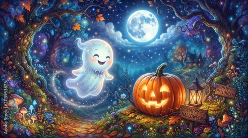 Cute ghost floating near a pumpkin. Halloween spirit in a magical forest at night.