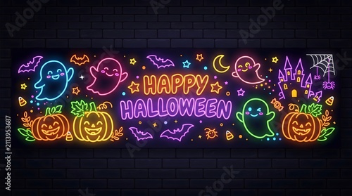 Happy Halloween neon sign banner. Glowing ghosts and pumpkins holiday party background.