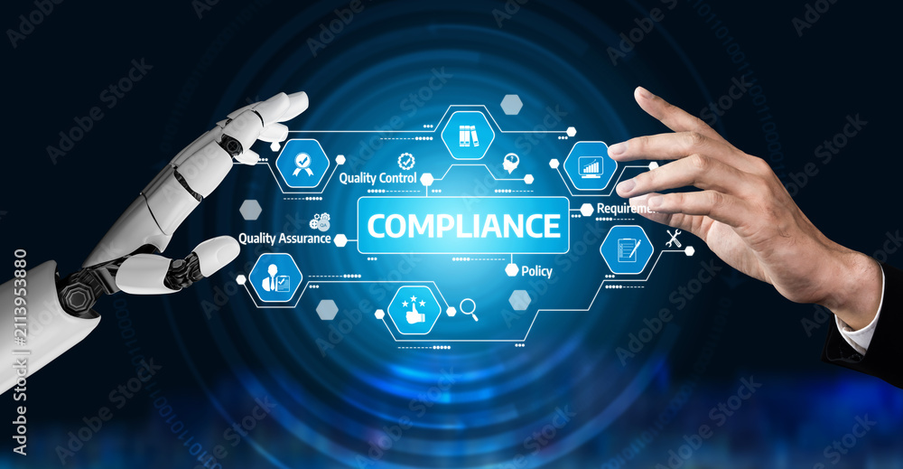 Obraz premium A robotic hand engages with a compliance interface, showcasing elements of quality control and assurance through digital technology in business regulation. Tessel