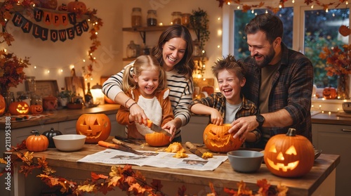 Happy family carving pumpkins in kitchen. Parents and children preparing Halloween decor.