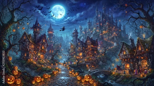 Haunted village at night with full moon. Spooky Halloween town with glowing jack-o-lanterns.