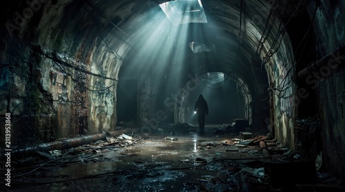 Person walking in abandoned tunnel. Eerie underground passage with dramatic light rays.