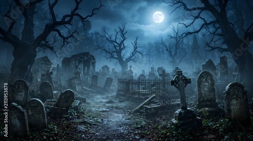 Spooky cemetery under a full moon. Dark graveyard with fog and silhouettes of old trees.