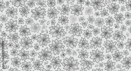 Seamless monochrome floral pattern featuring hand-drawn line art flowers and botanical sketches on light gray background. Detailed blooming lotuses for textile and wallpaper design.