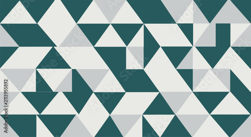 Abstract geometric background featuring a seamless mosaic pattern of triangles and polygons in dark teal, light grey, and off-white colors, ideal for modern graphic design and web backgrounds.