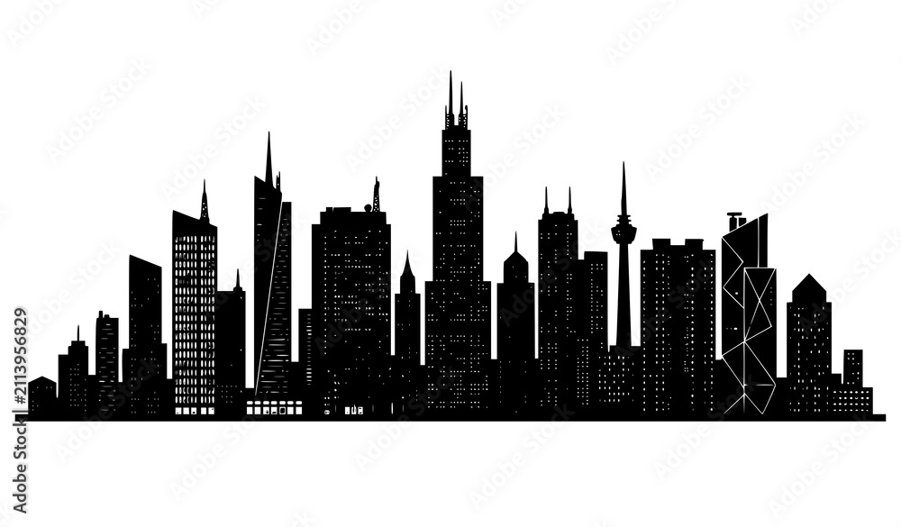 Fototapeta premium Modern Night City Skyline Building Silhouette Vector with Urban Architecture Isolated on White Background