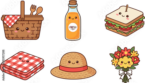 Cuadro en lienzo Cute picnic cartoon character icon set vector illustration featuring wicker hamp