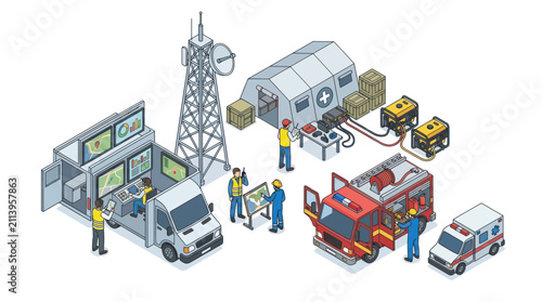 Emergency response command center with vehicles and equipment.