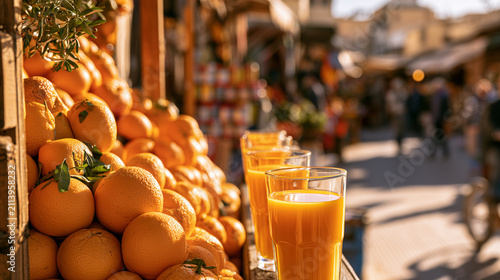 Fresh orange juice stand in Moroccan market square with piles of ripe oranges, vibrant street life, authentic travel scene
