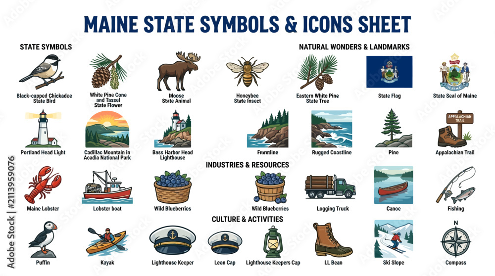 Obraz premium Comprehensive Educational Collection of Illustrative Maine State Symbols and Regional Icons on a Clean White Background for Graphic Design and Tourism Projects
