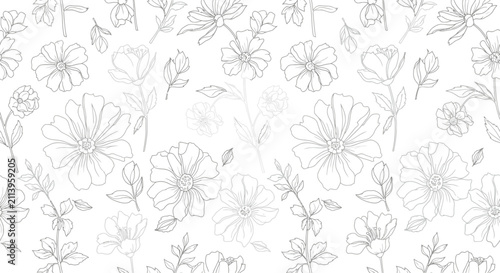 Seamless hand-drawn floral pattern with gray line art sketches of various flowers and leaves on a clean white background, suitable for fabric prints, wallpaper, and background design.