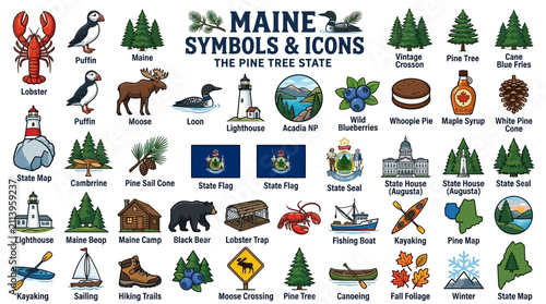 Maine travel and culture icon set with pine trees lobster moose lighthouse and regional food symbols isolated on white background