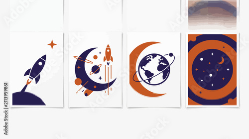 Set of four minimalist space and celestial themed vector illustrations.