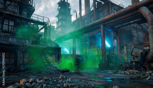 Abandoned industrial factory with rusty pipes, toxic green smoke, and glowing blue lights in a dystopian landscape