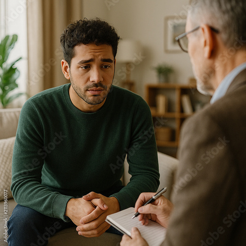 Sad young man on a couch talking to a therapist taking notes