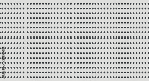 Seamless geometric pattern of black circular dots in horizontal rows on light grey background featuring a central row of overlapping double dots for visual linear variation.