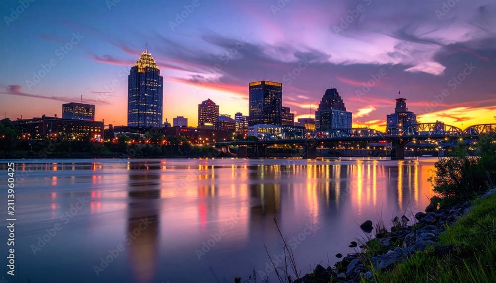 Fototapeta premium Vibrant Cityscape Reflection at Sunset Over Calm River.