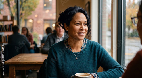 Mature woman in a teal sweater smiling and talking in a coffee shop