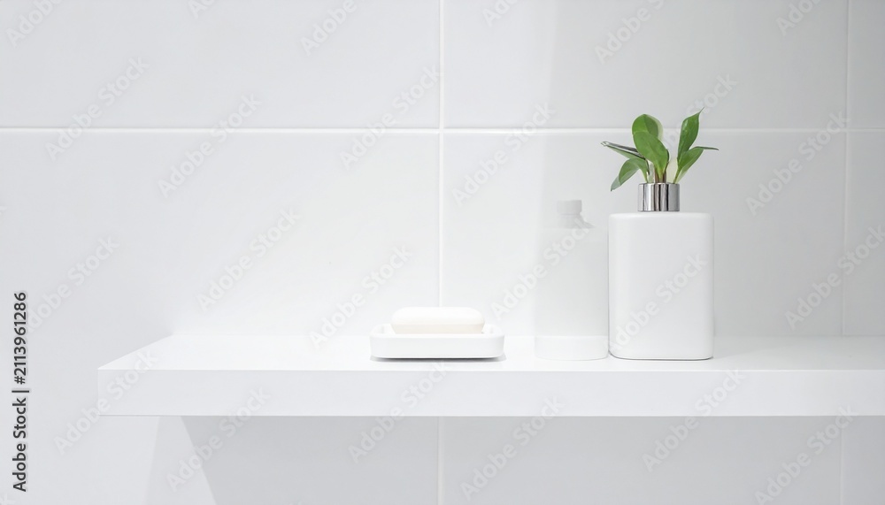 Fototapeta premium Clean White Bathroom Shelf with Soap and Small Green Plant