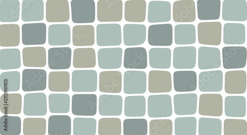 Abstract geometric pattern featuring irregular rounded rectangular blocks in muted sage green and grey tones arranged in a mosaic grid layout on a plain white background.