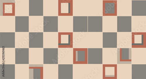 Modern geometric checkerboard pattern with alternating beige and grey squares, terracotta orange hollow frame accents, and subtle drop shadows on a minimalist flat repeating grid background.