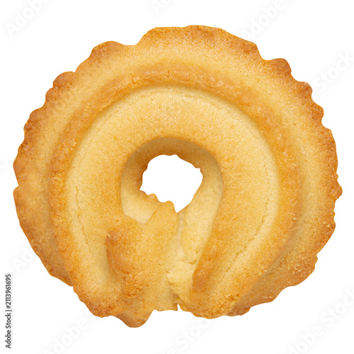 Close-up of a Single Butter Cookie. Cutout Vanilla Butter Ring Cookie. Danish Butter Cookies.