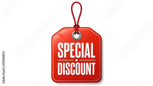 Red special discount price tag. Promotional sale label for retail marketing campaigns.