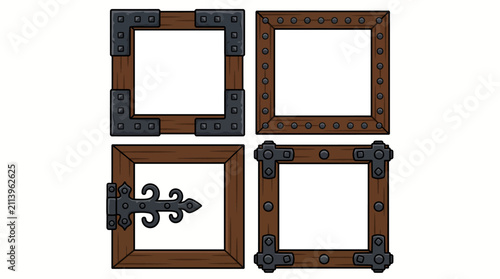Set of decorative medieval wooden frames with metal iron fittings.