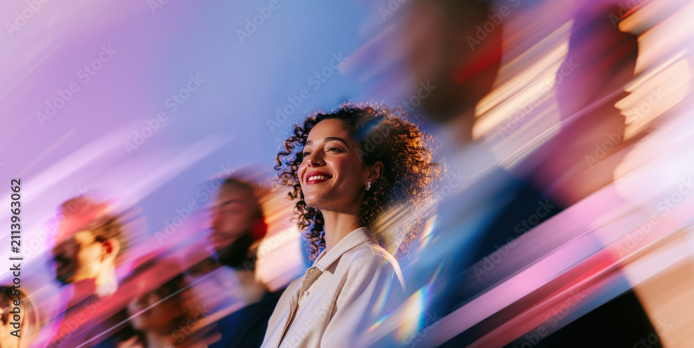 Obraz premium Optimistic Young African Professional Woman Looking Ahead Through Blue Pink Pastel Crowd Motion