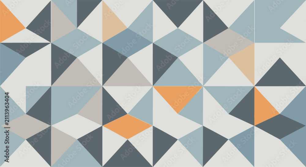 Fototapeta premium Seamless geometric pattern featuring a grid of interlocking triangles in muted blue, gray, cream, and orange tones. Modern minimalist mosaic background for decor and web design projects.