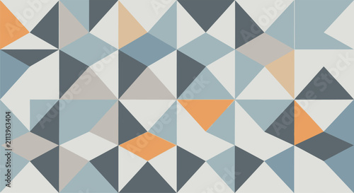 Seamless geometric pattern featuring a grid of interlocking triangles in muted blue, gray, cream, and orange tones. Modern minimalist mosaic background for decor and web design projects.
