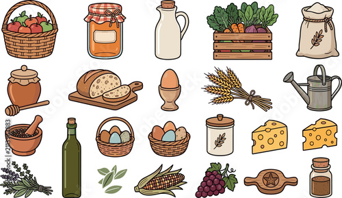 Fotografie Farm food and organic harvest icon set with basket bread eggs vegetables cheese
