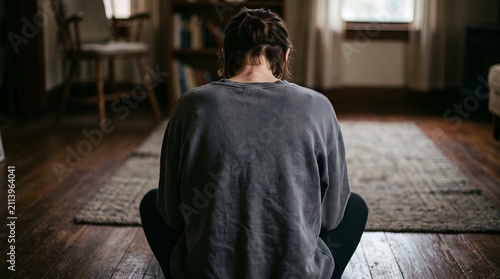 Woman Meditating in Quiet Home Living Room for Mental Wellbeing