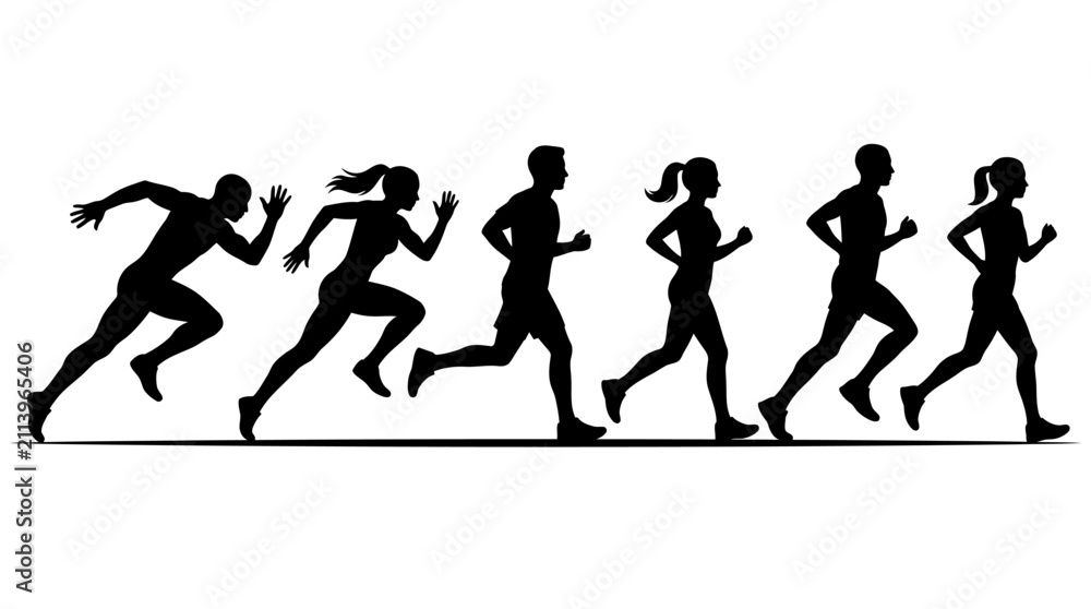 Obraz premium Group of People Running Silhouette Set.