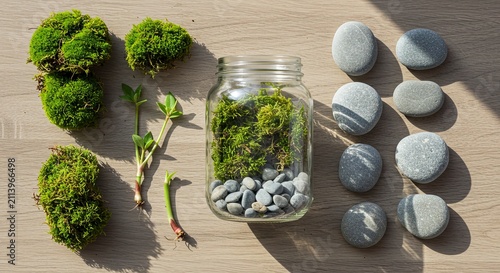 Terrarium Elements: Moss, Pebbles, Plants, and Stones on Wooden Surface