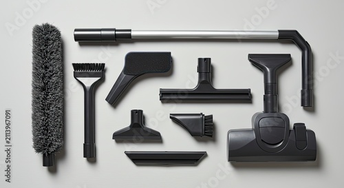 Vacuum Cleaner Attachments: Organized Array of Cleaning Tools on Grey Background