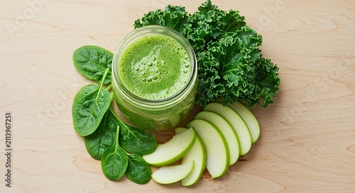 Vibrant Green Smoothie in Mason Jar with Fresh Ingredients on Wood Surface
