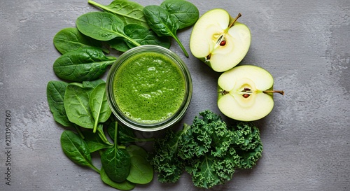 Vibrant Green Smoothie Ingredients Arranged on Gray Surface