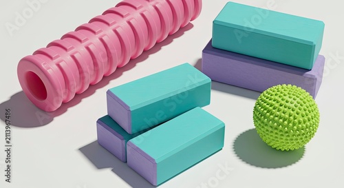 Vibrant Yoga Props: Pink Roller, Teal & Lavender Blocks, & Green Ball