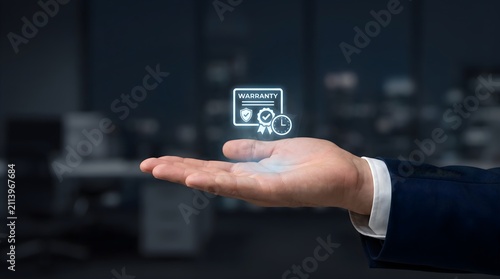 A warranty certificate with a shield and clock icon glows above an open hand