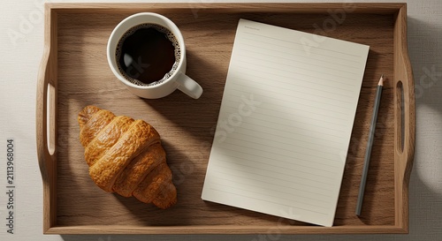 Warm Morning Coffee, Croissant, and a Blank Page on Wooden Tray