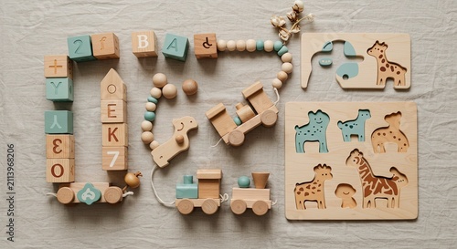 Wooden Toys: Pastel Train, Blocks, Puzzles, and Cotton, Flat Lay Composition.