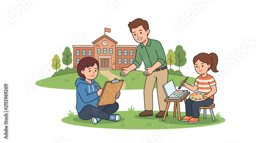 A teacher instructing two students who are engaged in outdoor art and study activities.