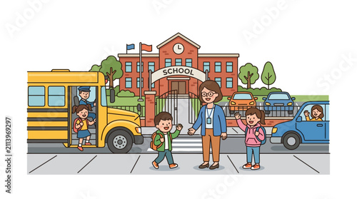 A teacher greeting young students arriving at school by bus and car.