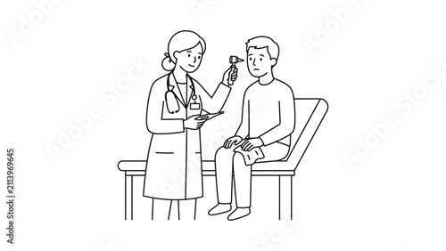 Female doctor examining patient ear with otoscope.