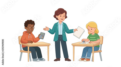 A teacher instructing two students in a classroom setting.