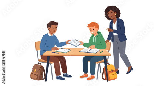 A teacher assisting two students working together at a desk in a classroom setting.