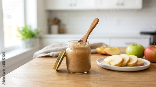 Creamy peanut butter in a glass jar with a wooden spoon on a wooden kitchen table with fresh apples. applesauce
